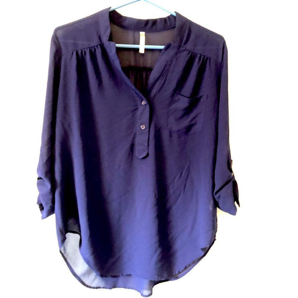 DNA Couture Semi-Sheer Navy Blouse Button Sleeves​